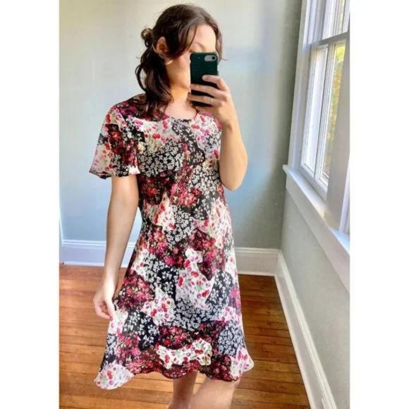 Vintage 90s Floral Rose Ruffle Flutter Cottagecore Chiffon Dress - Picture 10 of 10